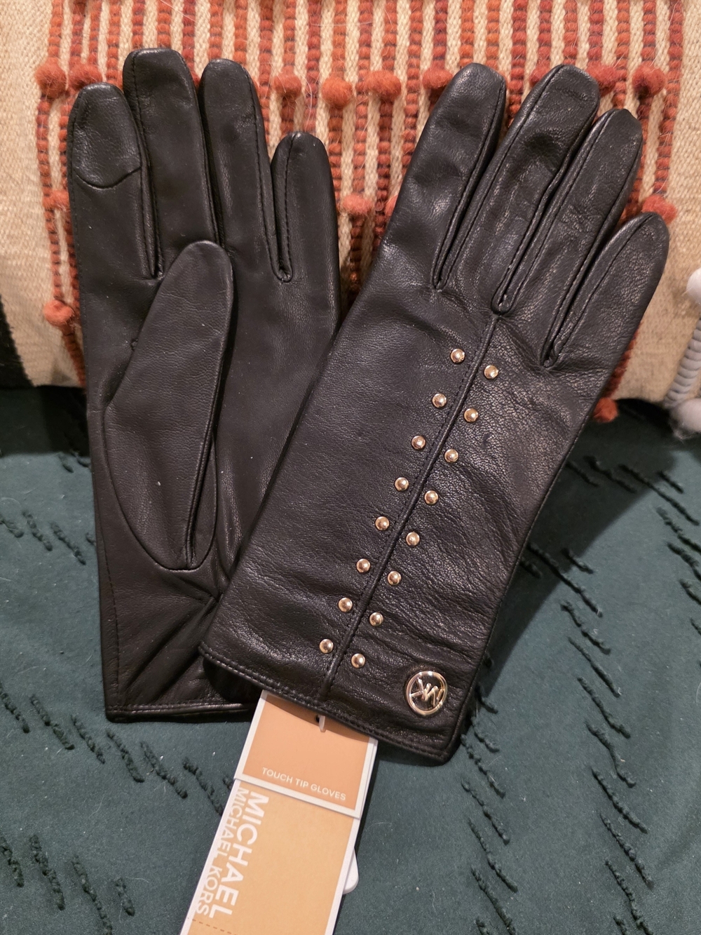 Michael Kors Black Leather Studded Touchscreen Gloves